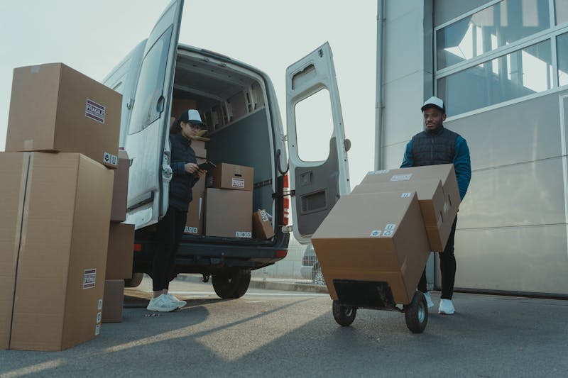 Delivery team unloading boxes from a van